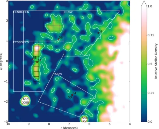 Figure 2. Map of East Cloud contamination-subtracted relative stellar density. Pixels are 0.025 ◦ × 0.025 ◦ , and have been smoothed with a Gaussian with 0.10 ◦ dispersion