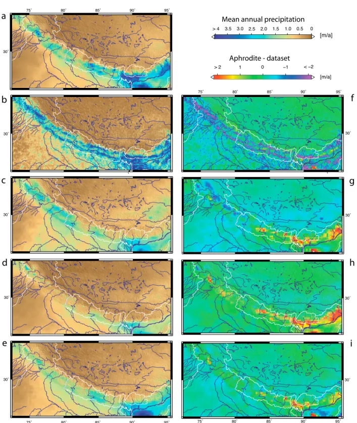 Figure 5. Mean annual precipitation distribution of the five tested precipitation data sets for their common availabil- availabil-ity (2003 and 2004, TRMM‐2B31 1997–2007): (a) APHRODITE, (b) TRMM‐2B31 [Bookhagen and Burbank, 2006], (c) CPC‐RFE, (d) GSMaP, 
