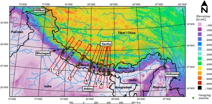 Figure 2. Topographic map of the Himalayan region. Arrows point at the location of the five PARDYP watersheds, where the data sets have been tested on a small scale for temporal accuracy
