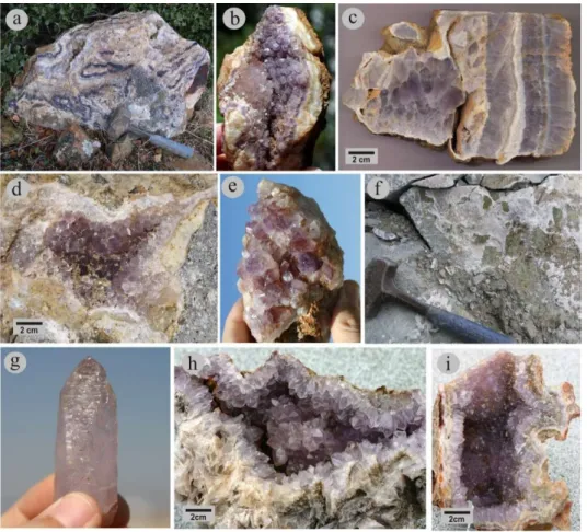 Figure 3. Field photographs and hand specimens of volcanic-hosted amethyst in Greece. (a) Boulder  of dark violet amethyst alternating with chalcedony from Kassiteres, Sapes area; (b) Amethyst crystals  from Kassiteres area; (c) Alternations of amethyst wi