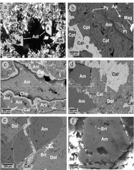 Figure  4.  Microphotographs  showing  mineralogical  assemblages  of  amethyst-bearing  veins  (a)  Adularia  (Adl)  in  association  with  amethyst  (Am)  from  Kassiteres  area  (transmitted  light,  plane  polarized);  (b)  Clinoptilolite-Ca  (Cpt),  i