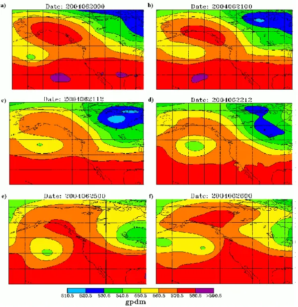 Fig. 3. ECMWF (European Centre for Medium-Range Weather Forecasts) Geopotential Height in gpdm (geopotential decametres) at 500 hPa on (a) 20 June 2004 at 00:00 UTC, (b) 21 June 2004 at 00:00 UTC, (c) 21 June 2004 at 12:00 UTC, (d) 22 June 2004 at 12:00 UT