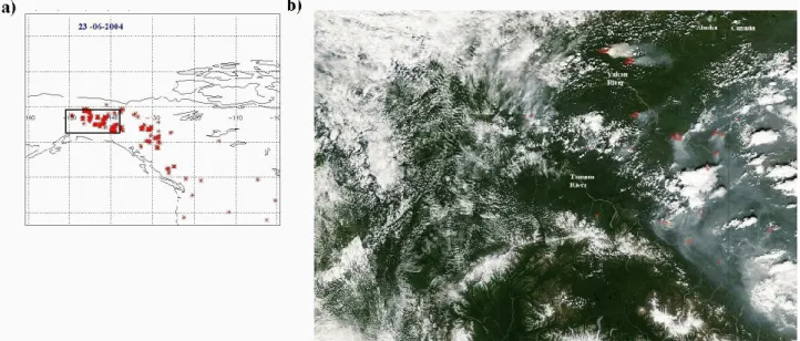 Fig. 5. (a) MODIS fire hot spots for 23 June, 2004. The black rectangle is approximately the area shown in panel (b)