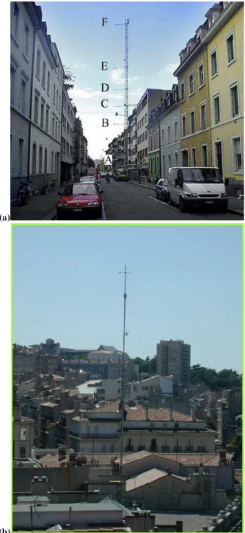Fig. 1. The instrumentation tower at Basel-Sperrstrasse (U1) (a) and at the down-town core of Marseilles (CAA) (b)