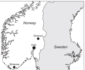 Fig. 1. Map of the southern parts of Norway including the location of the sampling sites Birkenes (rural background), Elverum  (subur-ban), and Oslo (curbside and urban background).