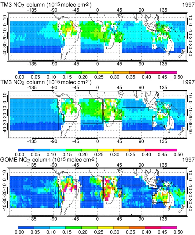 Fig. 10. Average (1997) lightning NO 2 column as modelled with the CP scheme (top panel), modelled with the H5 scheme (middle panel), and observed by GOME (bottom panel) as a function on longitude and latitude