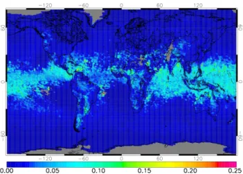 Fig. 5. The 1997 average of 10:30 hrs lightning-produced above and near cloud top NO 2 columns as derived from GOME