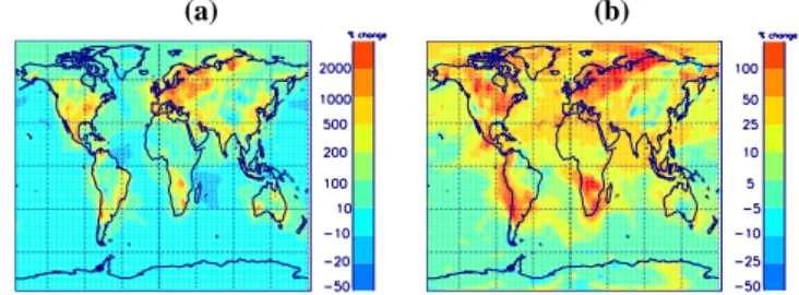 Fig. 11. Monthly mean surface (a) CN and (b) CCN (0.2% super- super-saturation) concentrations for December 1995 with 3% of SO 2 as particulate emissions.