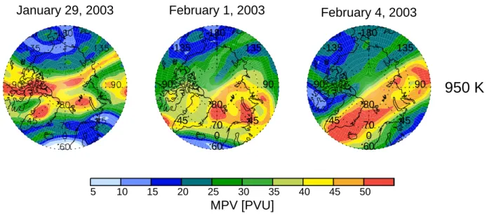 Fig. 6. Maps of modified PV for 29 January, and 1, 4 February 2003 at a potential temperature level of 950 K from ECMWF analyses