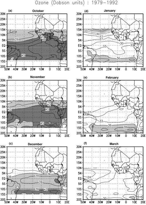 Fig. 1. The spatial distribution of TOMS tropospheric column ozone values (Dobson unit) during (a) October through (f) March averaged from 1979 to 1992.