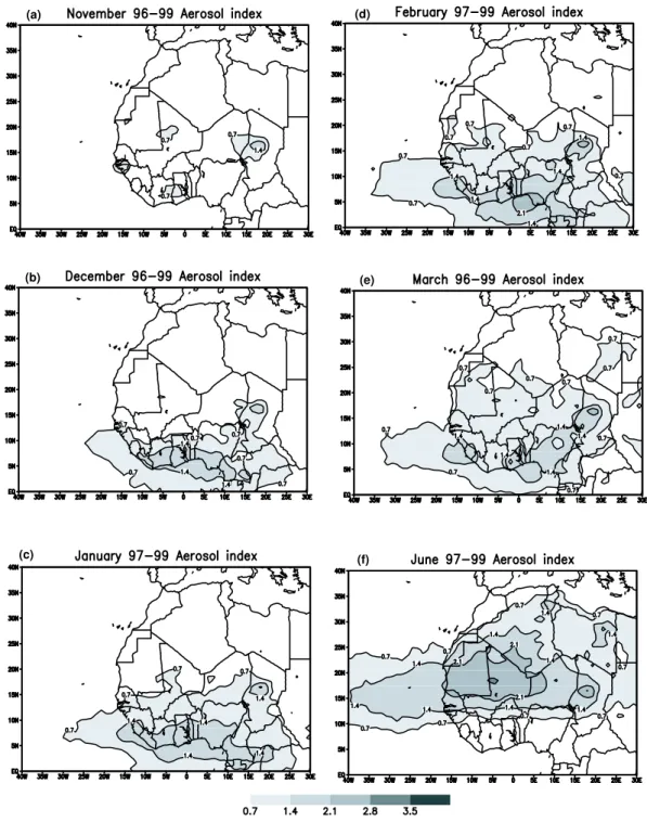 Fig. 4. The spatial distribution of the aerosol index in West Africa during (a) November through (e) March and (f) June.