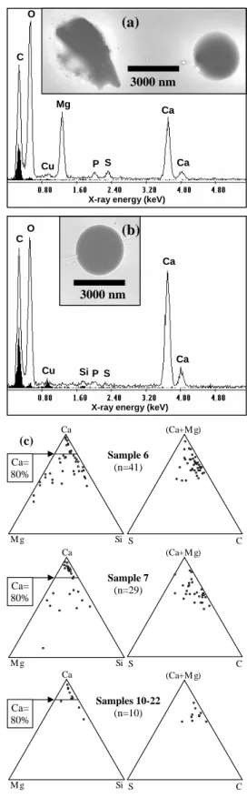 Fig. 10. TEM images of Ca-rich particles (a) with abundant Mg and (b) without Mg together with their X-ray spectra (from the spherical particles), and (c) ternary diagrams of Si-Ca-Mg and C-(Ca+Mg)-S ratios for Ca-rich particles from selected PM 1−3.3 samp