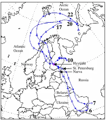 Fig. 3. NAAPS model results showing surface smoke concentra- concentra-tions in Europe at 12:00 (UTC) on 6 May 2004 (Naval Research Laboratory, Monterey, CA, USA, website at http://www.nrlmry.