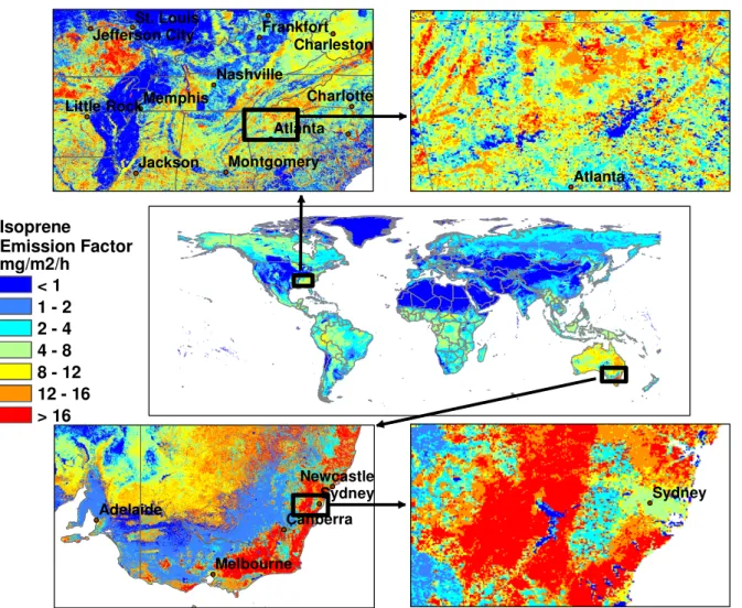 Fig. 2. Global distribution of landscape-average isoprene emission factors (mg isoprene m −2 h −1 )