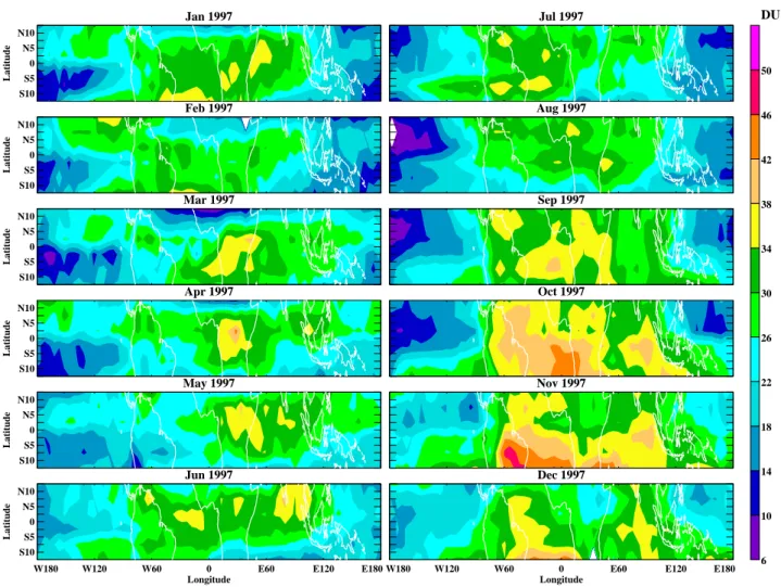 Figure 10 displays the 20-year monthly climatology of tro- tro-pospheric ozone for 1979–2000 using the reflectivity  mea-surement for cloud detection