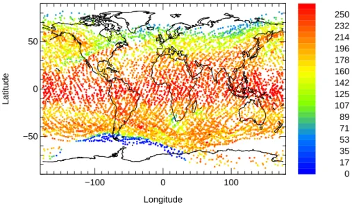 Fig. 1. CRISTA observations of N 2 O between 4 November 1994, 21:00 UT and 6 November 1994, 12:00 UT at 2=675 ± 25 K transformed to a synoptic time (6 November 12:00 UTC) by trajectory calculations.