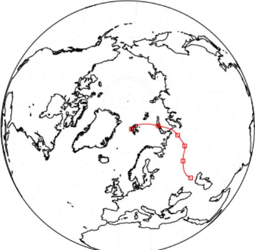 Fig. 4a. A 5-day back trajectory for the air sampled 20 March 1997 in Alert. Clean air is advected from lower latitudes over the North Atlantic.