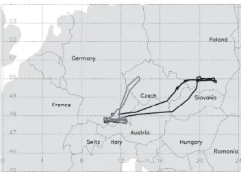 Fig. 1. Flight paths of the DLR Falcon 20 (light grey) and the MRF C-130 (dark grey) on 10 August 2000