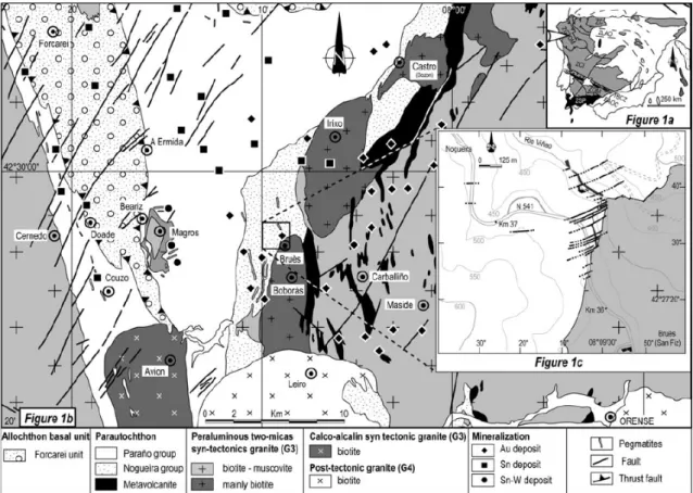 Figure 1. a) Structural map of the Hercynian Iberian massif (modified from Ribeiro &amp; Sanderson, 1996) ; ZC :  Cantabrian zone; ZLAO: Léon and Asturian zone; ZGTOM : Galicia-Trás-os-Montes zone; ZIC : Centro-Iberian  zone; ZOM : Ossa-Morena zone; ZSP : 