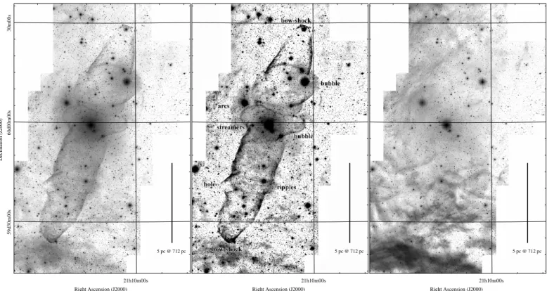 Fig. 5. The [O iii ] 5007 (left and middle) and Hα+ [N ii ] (right) mosaic images of Ou4