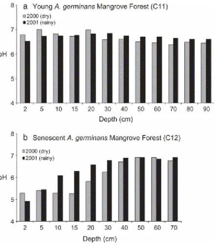 Fig. 6. Seasonal evolution of pH. (a) Young A. germinans mangrove forest, March 2000 and  July 2001; (b) senescent A