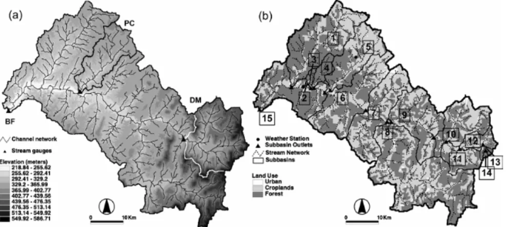 Fig. 1. 3  Model representation of catchment topography and land cover. (a) TIN model including stream network and gauging stations for Baron Fork (BF, outer basin), Peacheater Creek (PC, black inner basin), and Dutch Mills (DM, white inner basin)