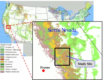 Fig. 5. Location and forest cover of the Sierra Nevada study site.