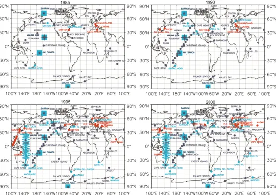 Fig. 1. Changes in the observational networks over time. The dark blue circles show the locations where flask samples are routinely taken and the large light blue squares show the locations of CMDL observatories where high frequency measurements are also a