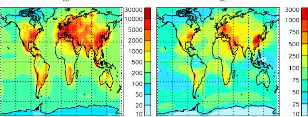 Fig. 2. GEOS-CHEM predicted annual average number concentrations (cm −3 at STP condi- condi-tions of 273 K and 1 atm) in the lowest model layer for (a) CN and (b) CCN(0.2%)