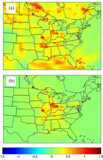 Fig. 11. Percent changes in simulation-average PM 2.5 concentra- concentra-tions divided by percent decrease in precipitation rate (% % − 1 ) (a), and changes in simulation-average PM 2.5 concentration (µg m − 3 ) (b), both calculated for a 10% reduction i