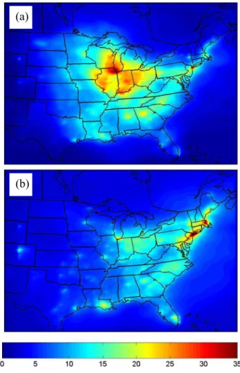 Fig. 1. Average PM 2.5 concentrations (µg m − 3 ) for the modeled periods of (a) July 2001 and (b) January 2002.