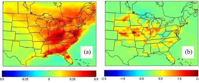 Fig. 7. Average changes in total PM 2.5 (µg m − 3 ) in (a) January and (b) July for a 10% increase in absolute humidity.