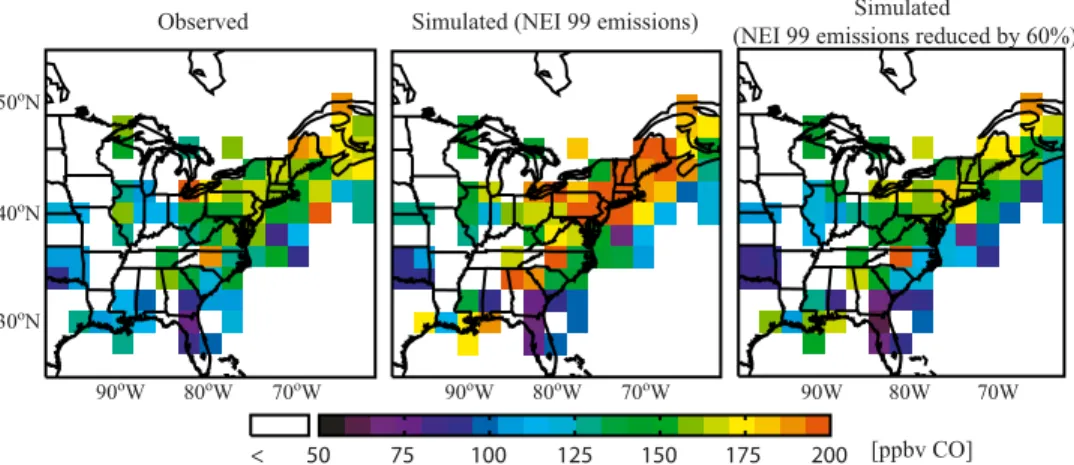 Figure 2. Surface air CO concentrations at Chebogue Point during ICARTT. Observations (black) are compared to model results using NEI 99 anthropogenic emissions (green) and with these CO emissions reduced by 60%