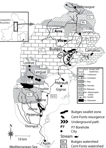 Figure 1. Simplified geological map of the Cent-Fonts karst, redrawn after Petelet et al