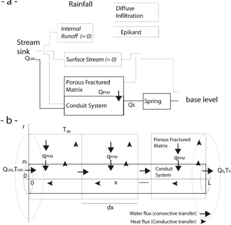 Figure 3.  (a) Conceptual fluviokarst redrawn from White [31,32] but restricted to recession period  (neither runoff nor surface flow)