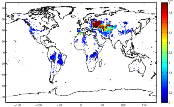 Fig. 2. IASI morning NH 3 observations (molec cm −2 ) on 15 Au- Au-gust 2010 obtained using the FORLI processing chain