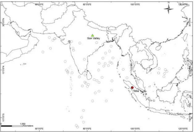 Fig. 1. Map showing the distribution of terrestrial and marine sites in which the YTT ash-fall has been  identified