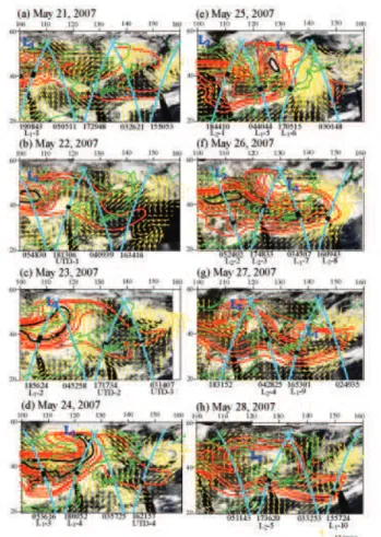 Fig. 2. MODIS cloud images, CALIPSO orbit paths (light blue line) and RC4 dust AOT (thick red contour)