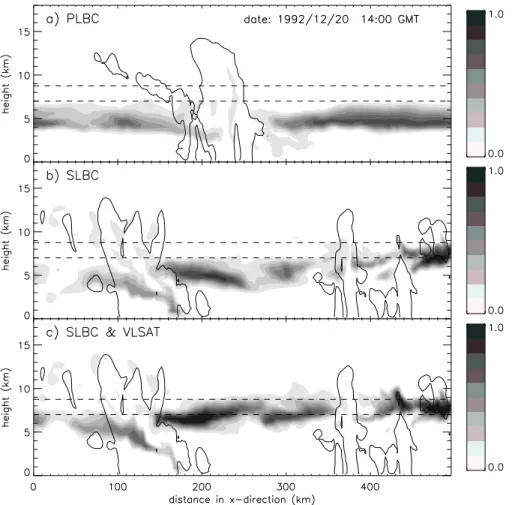 Fig. 9. Tracer B: X-Z contour plot of the mixing ratio 16h after the onset of modelled convection