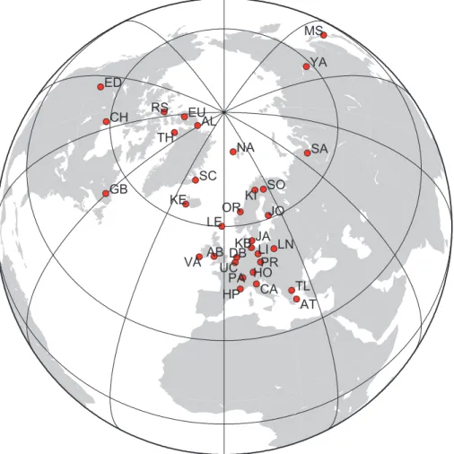 Fig. 1. Map of the 34 stations that participated in the Arctic Match campaign 2002/03.