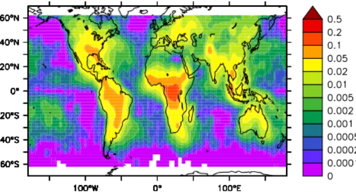 Fig. 1. Observed annual average flash density in flashes/(km 2 day) for the year 1999 from LIS/OTD data from 60 ◦ S to 60 ◦ N.