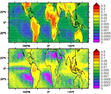 Fig. 3. Taylor diagram for the various combinations of convec- convec-tion and lightning schemes compared with LIS/OTD data, showing the spatial standard deviation of the calculated flash densities  nor-malised with the standard deviation of the observatio