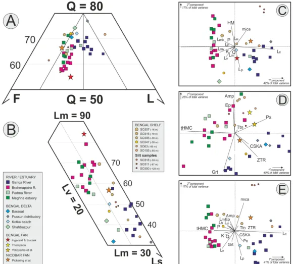 Figure 3. Petrography and heavy minerals in the Bengal sediment system (data for Ganga– 