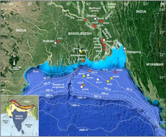 Figure 1. The subaerial and subaqueous delta formed by the Ganga and Brahmaputra rivers and  prograding into the Bay of Bengal