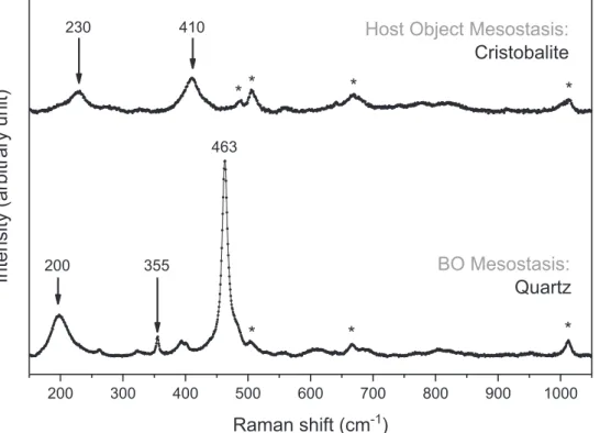 Fig. 4. Representative Raman spectra of SiO 2 phases in the host object’s mesostasis and the BO mesostasis identified as cristobalite and quartz, respectively