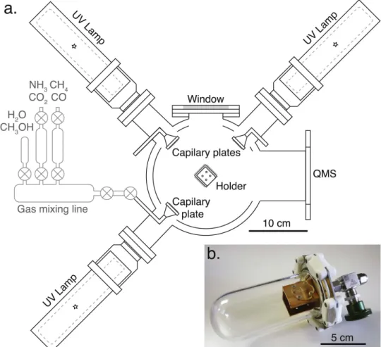 Figure 1. ( a ) Schematic view of the main chamber of PICACHU showing the positions of the capillary plates, the deuterium lamps for UV irradiation, the sample holder, a quadrupole mass spectrometer ( QMS ) and an observation window