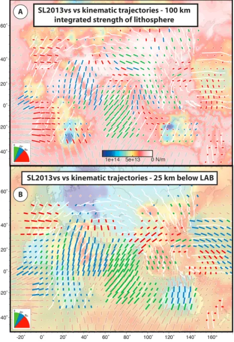 Figure 5. Comparison of SL2013sv anisotropy directions (colored symbols) with long-term kinematic trajectories (40 Ma, white lines) calculated from Torsvik and Cocks (2016) at 100 km (a) on top of a map of integrated strength of the  litho-sphere, based on
