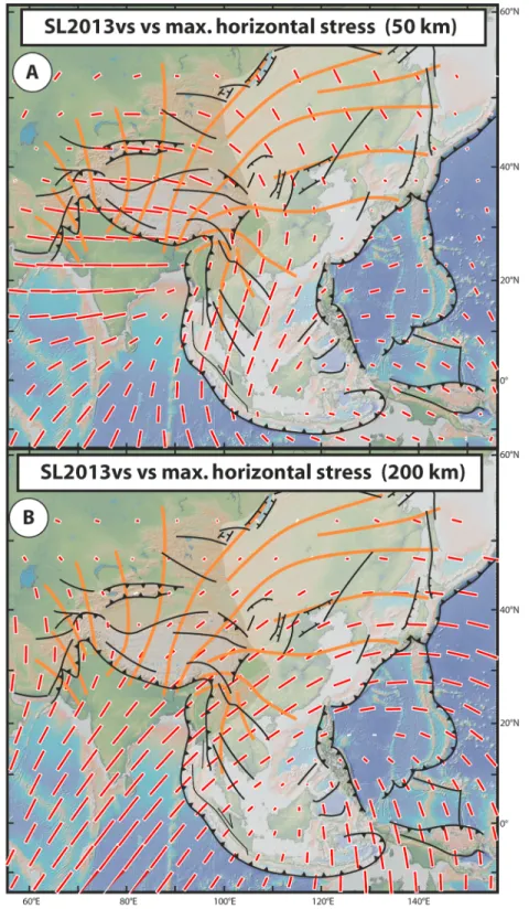 Figure 8. The main active structures in Asia and the western Paci ﬁ c together with the principal horizontal stress trajectories (orange lines), smoothed from the World Stress Map (Heidbach et al., 2016; Zoback, 1992) and SL2013sv seismic anisotropy (red l