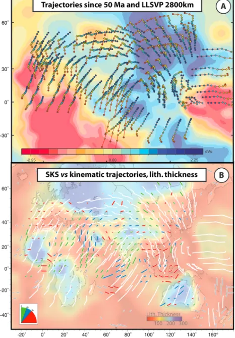Figure 3a shows these trajectories plotted over a map of seismic velocity anomalies in the lower mantle (2,800 km) from the composite model of Becker and Boschi (2002)