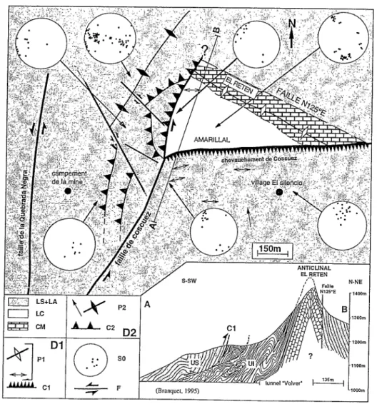 Fig.  3  Carte structurale et  coupe du gisement de Coscuez. 